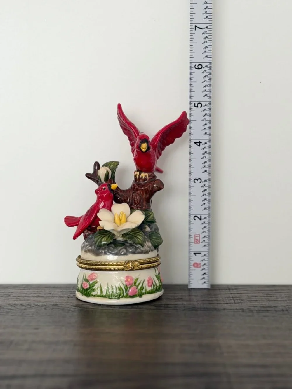 Vintage Cardinal Bird Trinket Box Porcelain Hinged Jewelry Box Cottagecore